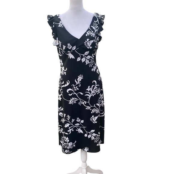 La Belle Black and White Floral Midi Dress Cap Ruffle Sleeve Vintage Y2K Medium - Picture 5 of 11